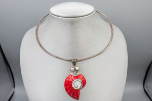 Handmade Sterling Silver Choker Necklace with Red Inlay Shell (As Is)