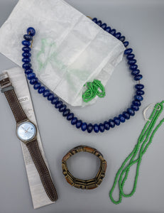 Lot of Costume Jewelry, Green Beads for Repair, and Swatch