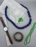 Lot of Costume Jewelry, Green Beads for Repair, and Swatch