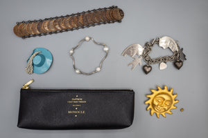 Mexican Coin Bracelet, Charm Bracelet, Linda Levinson Sun Broach, Bracelet, Hat Broach, and Bag Lot