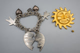 Mexican Coin Bracelet, Charm Bracelet, Linda Levinson Sun Broach, Bracelet, Hat Broach, and Bag Lot
